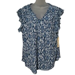 2XL Ruffle Sleeve Aztec Print Boho Tie Neck Blue White Women's Top Hippie